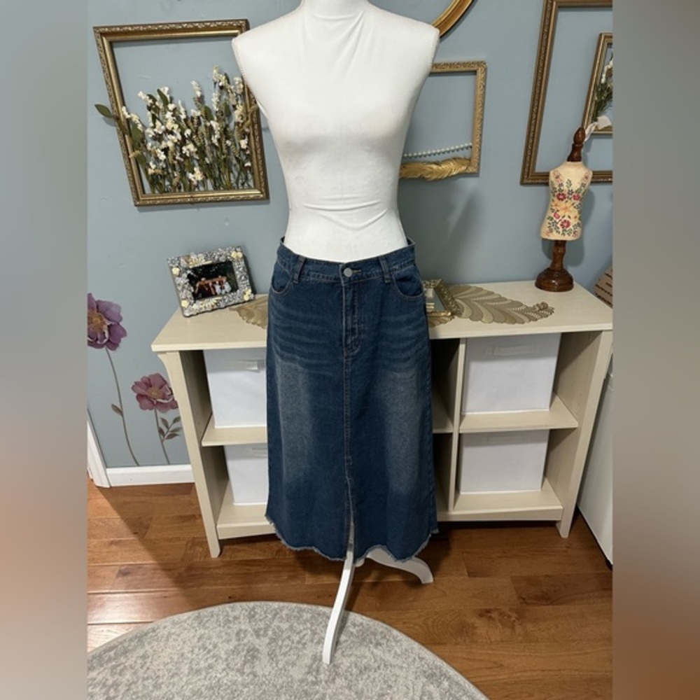 High Waisted Jean Skirt Midi Denim Knee Length Skirt